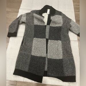 [L]Cocogio Black and Gray Women's Wool Blend Block Color Open Cardigan